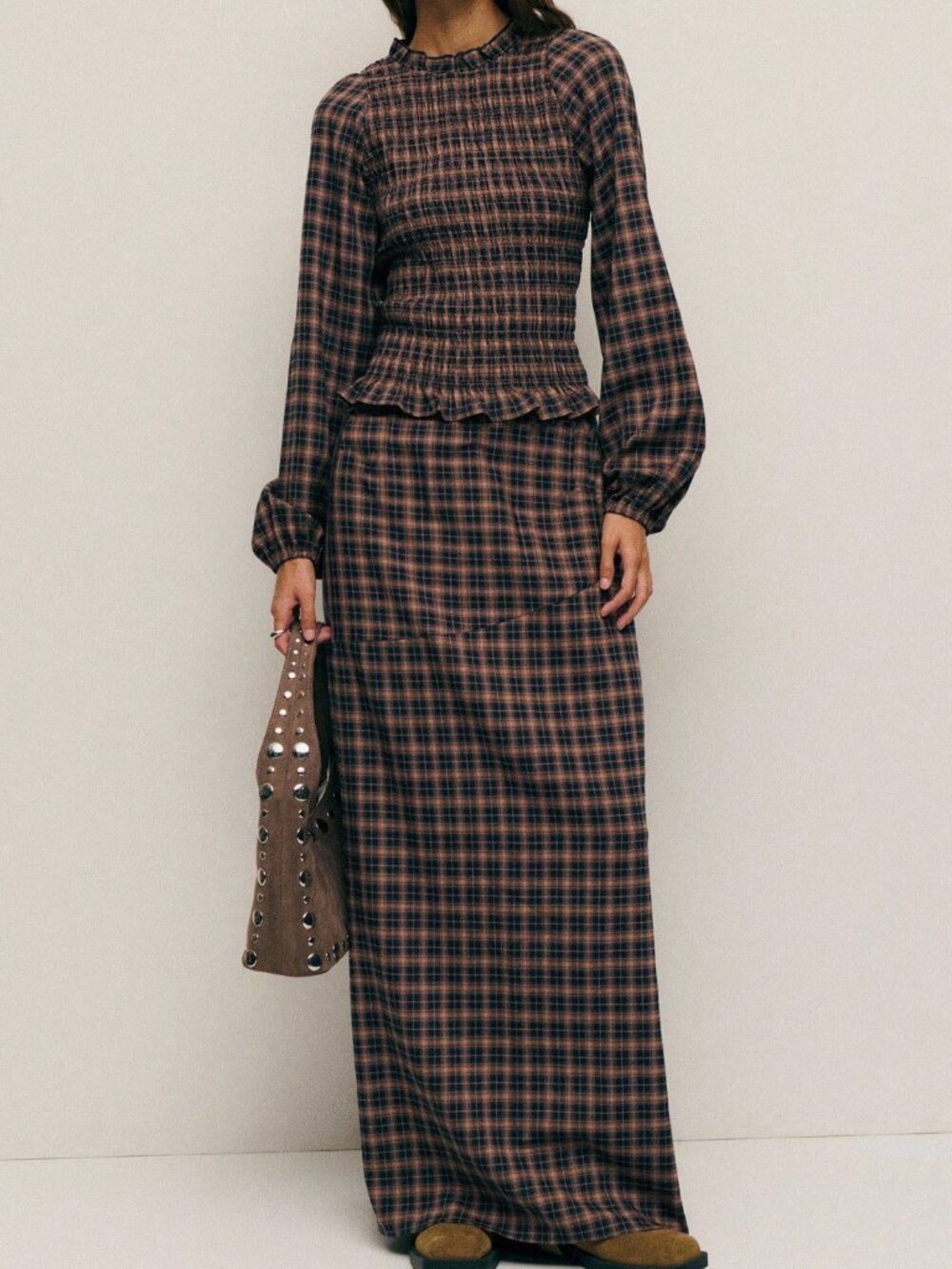 Red Violet Casual Women's Plaid With Long Sleeve Shirt & Ruffled Waist Skirt Set